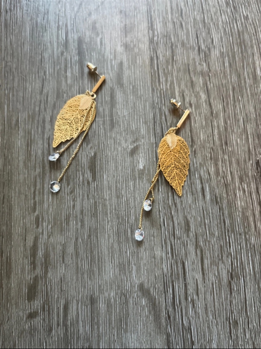 Gold Leaf Drop Earrings with Crystal Accents